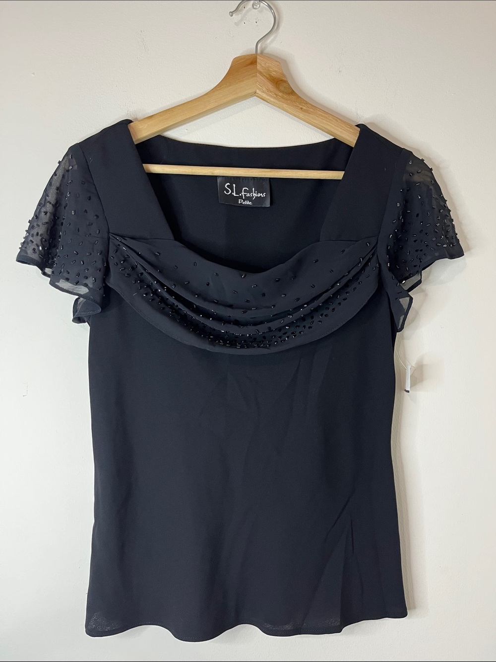 SL Fashions Black Beaded Draped Neck Top